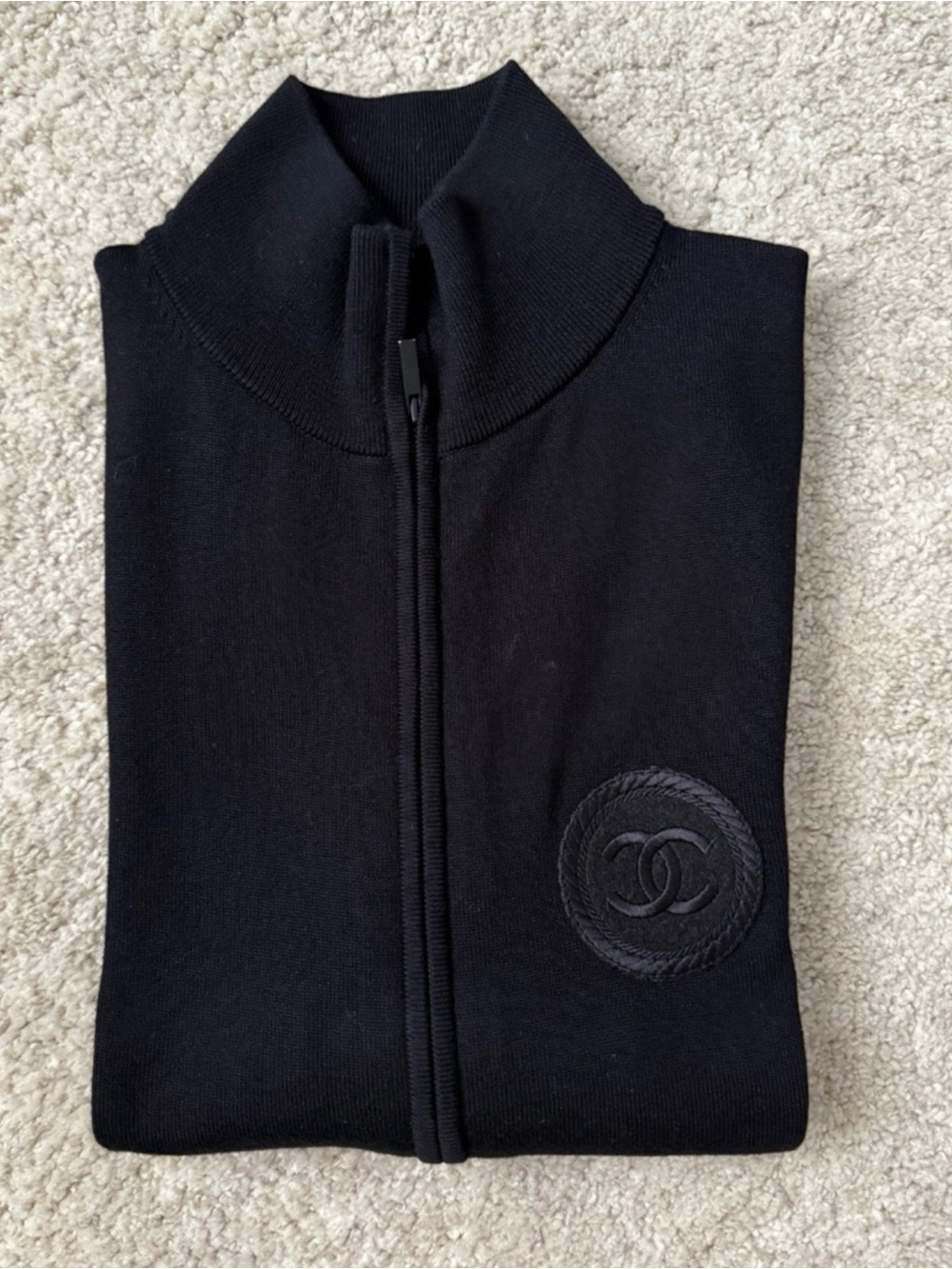 CHANEL Black Zip-Up Men's Sweater with Embroidered CC